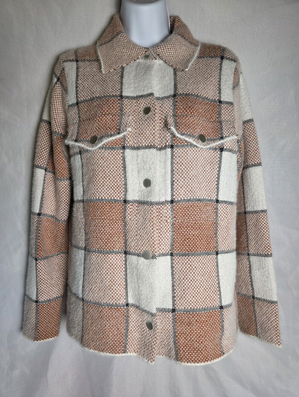 Rachel Zoe Soft Cozy Tan Plaid Shacket Shirt Snap Women's Size Medium